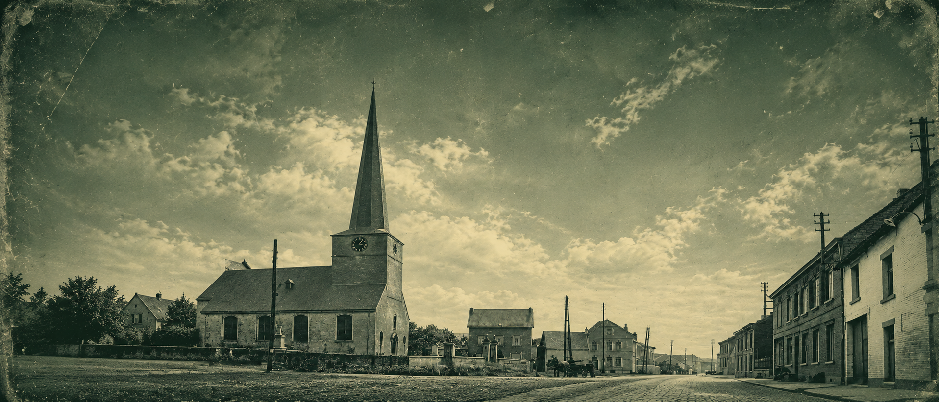 Het dorpsplein van Duisburg met de kerk, op een oude foto.
